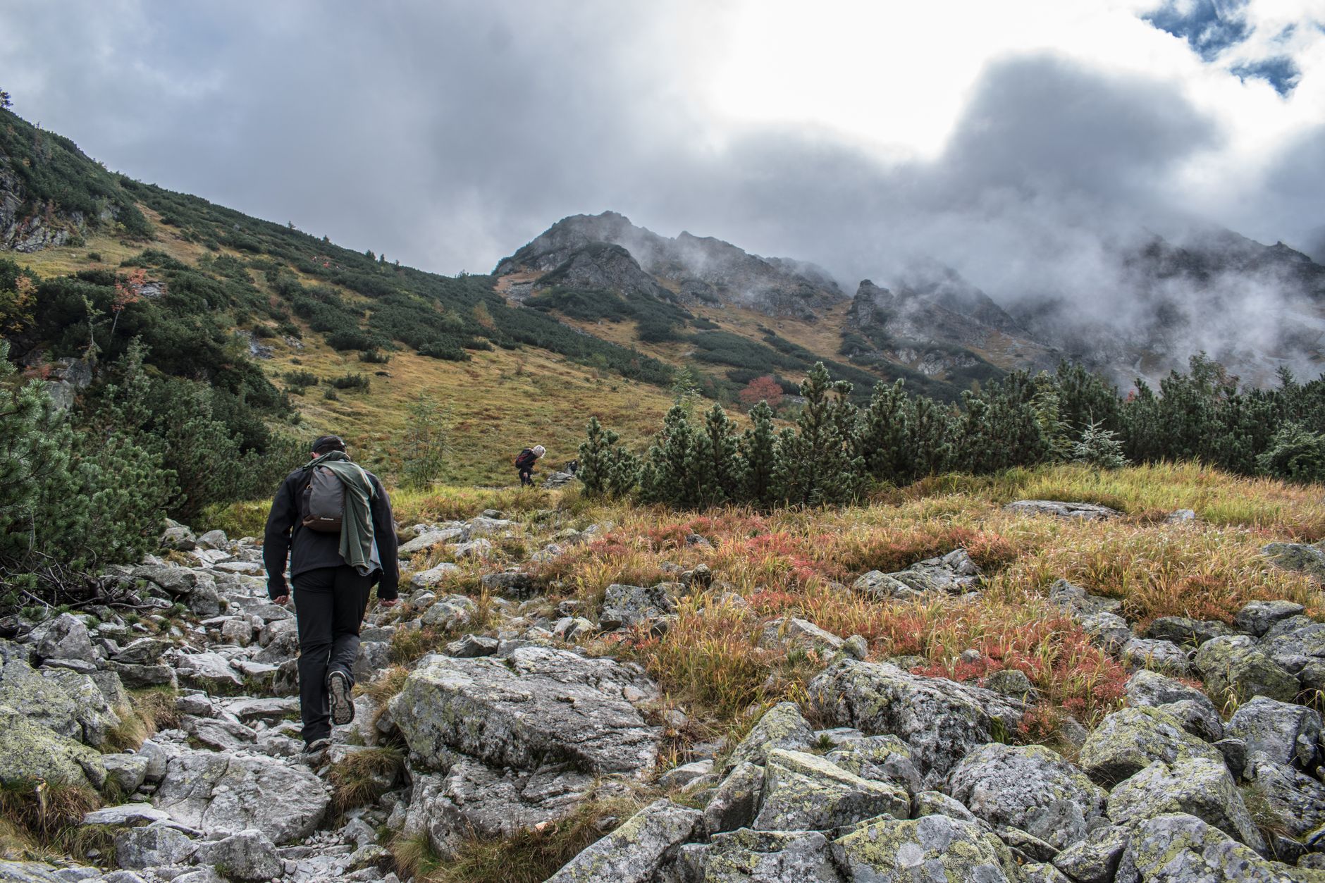 Randonneurs avançant entre les rochers et la végétation sur un sentier de montagne